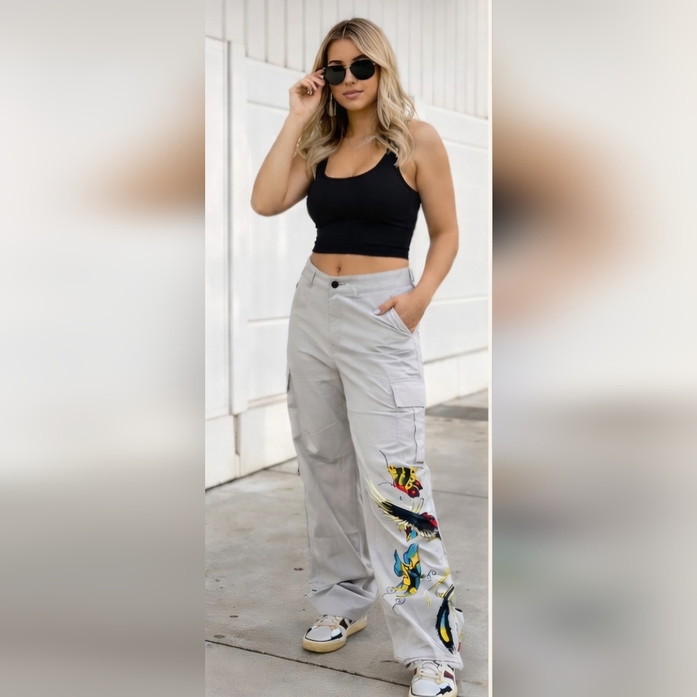 Ed Hardy Unisex Light Grey Cargo Pants- Multicolor Side Tattoo Graphics NWT-L